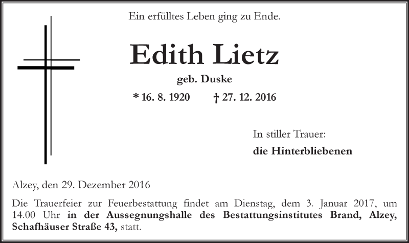  Traueranzeige für Edith Lietz vom 29.12.2016 aus Trauerportal Rhein Main Presse