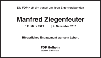 Traueranzeige von Manfred Ziegenfeuter von Trauerportal Rhein Main Presse