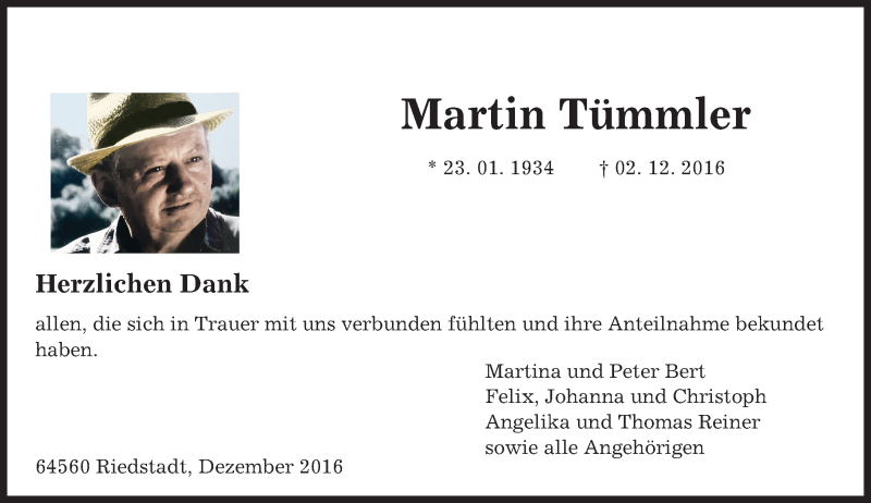  Traueranzeige für Martin Tümmler vom 17.12.2016 aus Trauerportal Echo Online