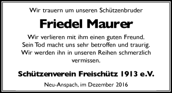 Traueranzeige von Friedel Maurer von  Usinger Anzeiger