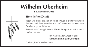 Traueranzeige von Wilhelm Oberheim von  Kreisanzeiger