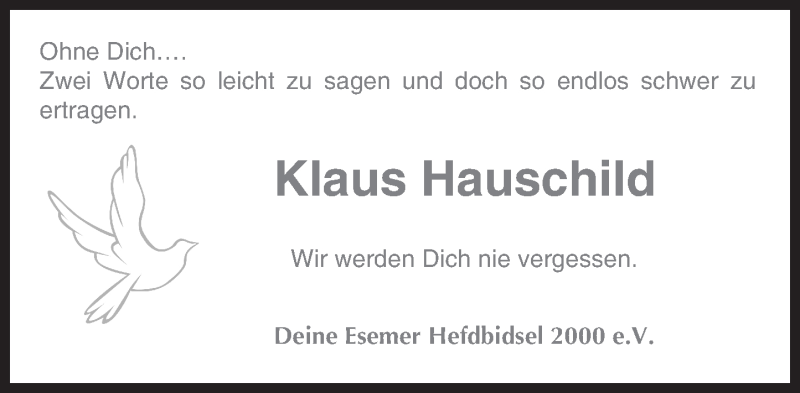  Traueranzeige für Klaus Hauschild vom 10.12.2016 aus Trauerportal Rhein Main Presse