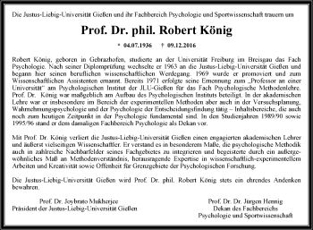 Traueranzeige von Robert König von  Gießener Anzeiger