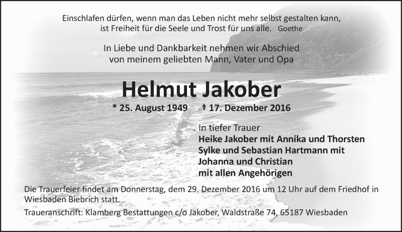  Traueranzeige für Helmut Jakober vom 24.12.2016 aus Trauerportal Rhein Main Presse