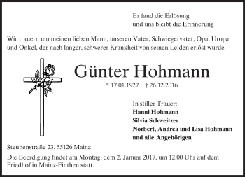 Traueranzeige von Günter Hohmann von Trauerportal Rhein Main Presse
