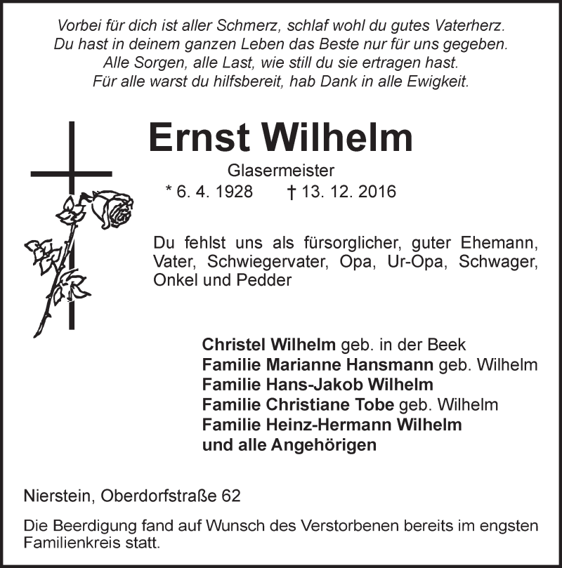 Traueranzeige für Ernst Wilhelm vom 21.12.2016 aus Trauerportal Rhein Main Presse