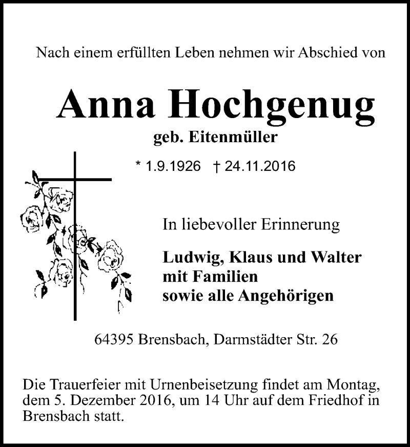  Traueranzeige für Anna Hochgenug vom 02.12.2016 aus Trauerportal Echo Online