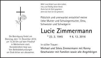 Traueranzeige von Lucie Zimmermann von Trauerportal Rhein Main Presse