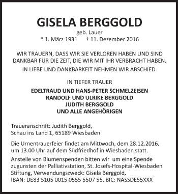 Traueranzeige von Gisela Berggold von Trauerportal Rhein Main Presse