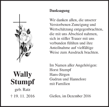 Traueranzeige von Wally Stump von  Gießener Anzeiger