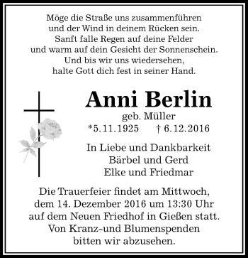Traueranzeige von Anni Berlin von  Gießener Anzeiger