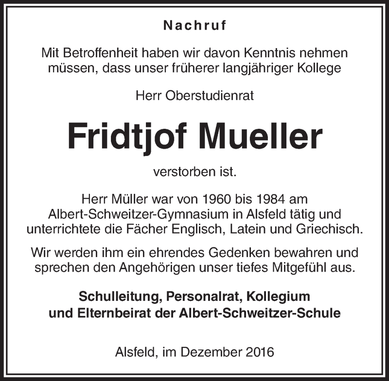  Traueranzeige für Fridtjof Mueller vom 20.12.2016 aus VRM Trauer