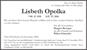 Traueranzeige von Lisbeth Opolka von Trauerportal Rhein Main Presse