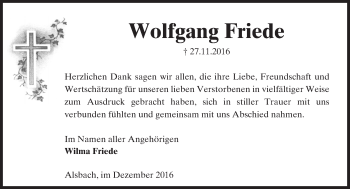Traueranzeige von Wolfgang Friede von Trauerportal Echo Online