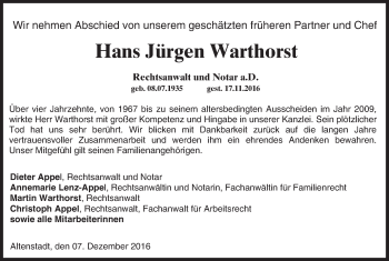 Traueranzeige von Hans Jürgen Warthorst von  Kreisanzeiger