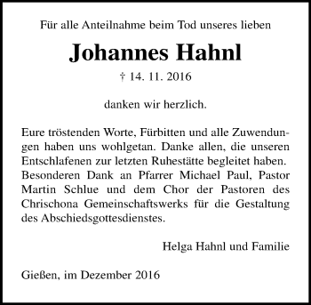 Traueranzeige von Johannes Hahnl von  Gießener Anzeiger