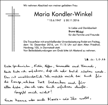 Traueranzeige von Maria Kondler-Winkel von Trauerportal Echo Online