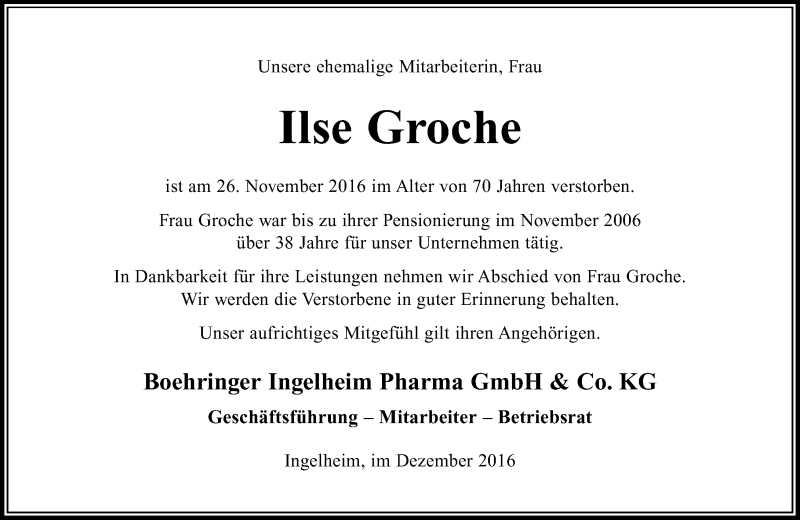  Traueranzeige für Ilse Groche vom 10.12.2016 aus Trauerportal Rhein Main Presse