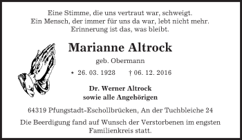 Traueranzeige von Marianne Altrock von Trauerportal Echo Online