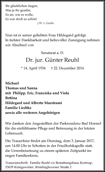 Traueranzeige von Günter Reuhl von  Kreisanzeiger