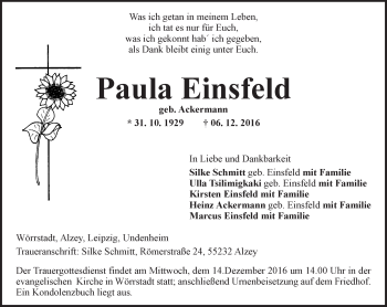 Traueranzeige von Paula Einsfeld von Trauerportal Rhein Main Presse