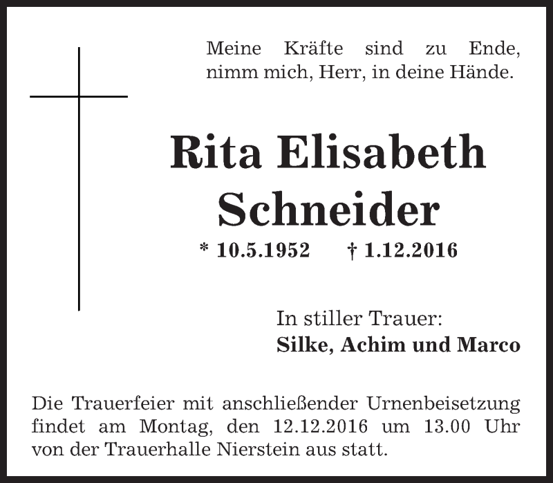 Traueranzeige für Rita Elisabeth Schneider vom 06.12.2016 aus Trauerportal Rhein Main Presse