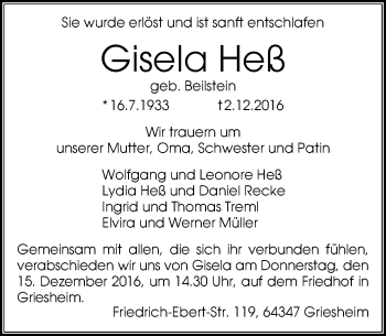 Traueranzeige von Gisela Heß von Trauerportal Echo Online