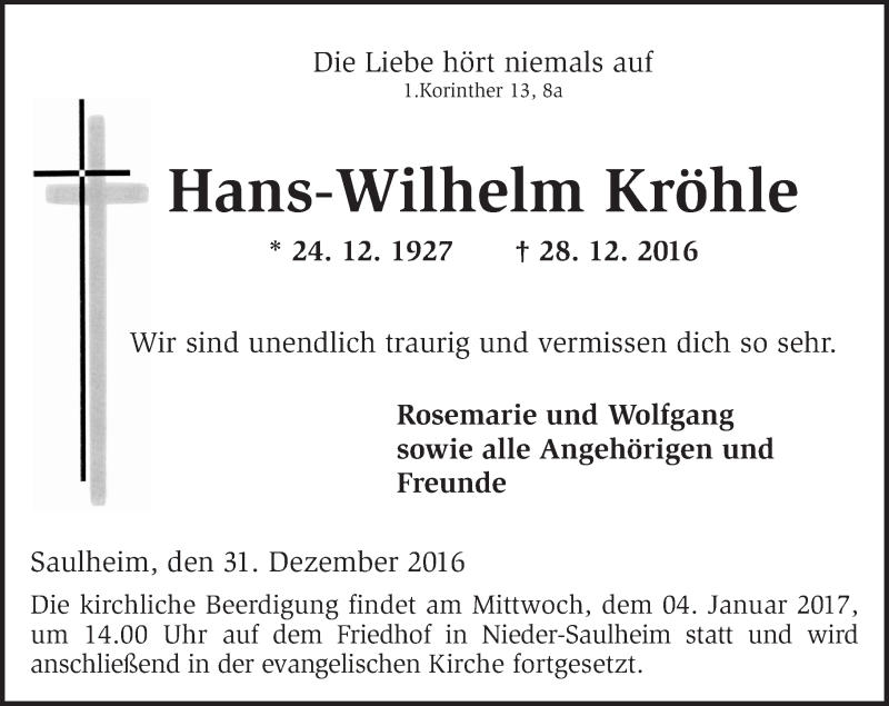  Traueranzeige für Hans-Wilhelm Kröhle vom 31.12.2016 aus Trauerportal Rhein Main Presse