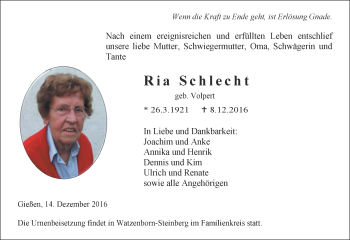 Traueranzeige von Ria Schlecht von  Gießener Anzeiger