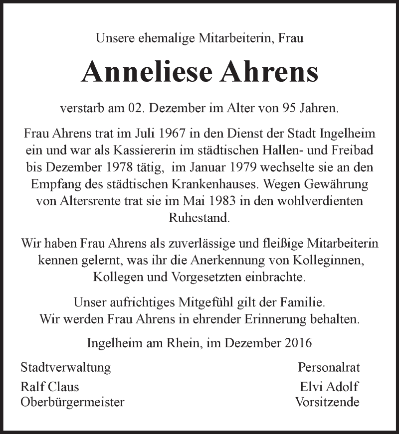  Traueranzeige für Anneliese Ahrens vom 16.12.2016 aus Trauerportal Rhein Main Presse