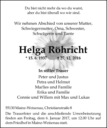 Traueranzeige von Helga Röhricht von Trauerportal Rhein Main Presse
