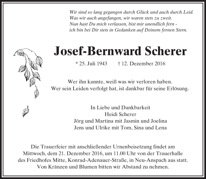  Traueranzeige für Josef-Bernward Scherer vom 17.12.2016 aus  Usinger Anzeiger