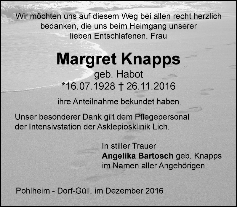  Traueranzeige für Margret Knapps vom 22.12.2016 aus  Gießener Anzeiger