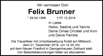 Traueranzeige von Felix Brunner von Trauerportal Echo Online
