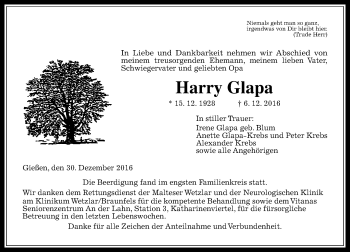 Traueranzeige von Harry Glapa von  Gießener Anzeiger