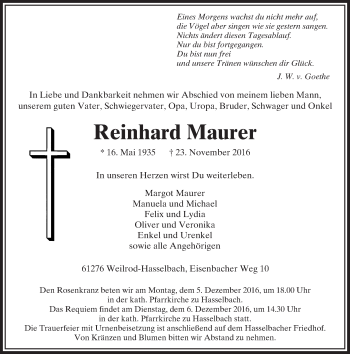 Traueranzeige von Reinhard Maurer von  Camberger Anzeiger