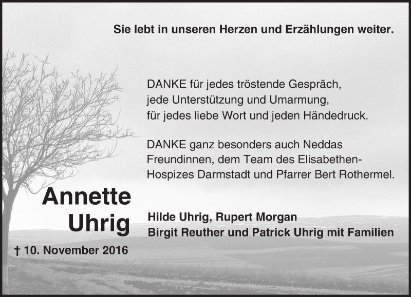  Traueranzeige für Annette Uhrig vom 03.12.2016 aus Trauerportal Echo Online