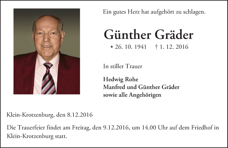  Traueranzeige für Günther Gräder vom 07.12.2016 aus Trauerportal Echo Online
