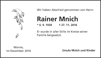 Traueranzeige von Rainer Mnich von Trauerportal Rhein Main Presse