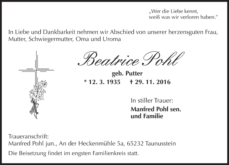 Traueranzeige für Beatrice Pohl vom 03.12.2016 aus Trauerportal Rhein Main Presse