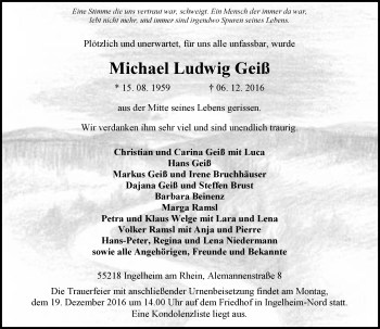 Traueranzeige von Michael Ludwig Geiß von Trauerportal Rhein Main Presse