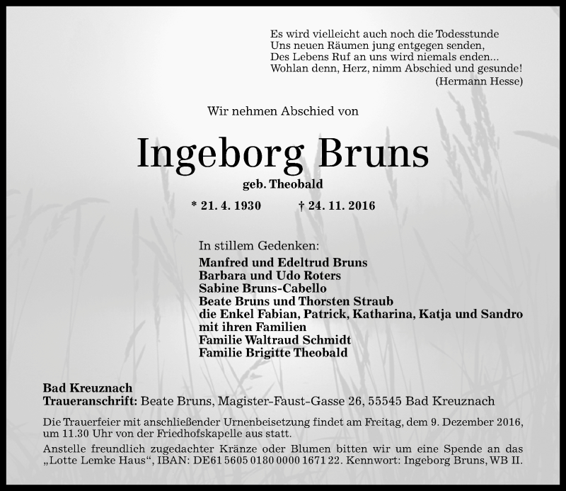  Traueranzeige für Ingeborg Bruns vom 03.12.2016 aus Trauerportal Rhein Main Presse