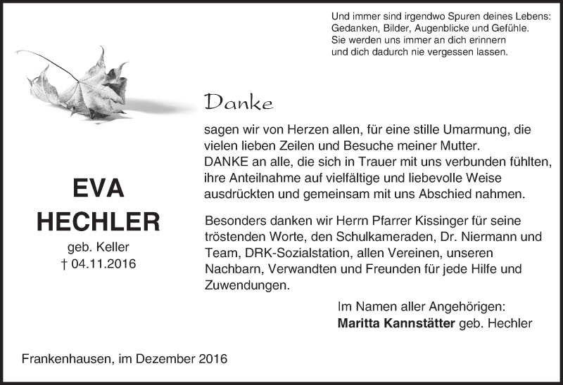  Traueranzeige für Eva Hechler vom 10.12.2016 aus Trauerportal Echo Online