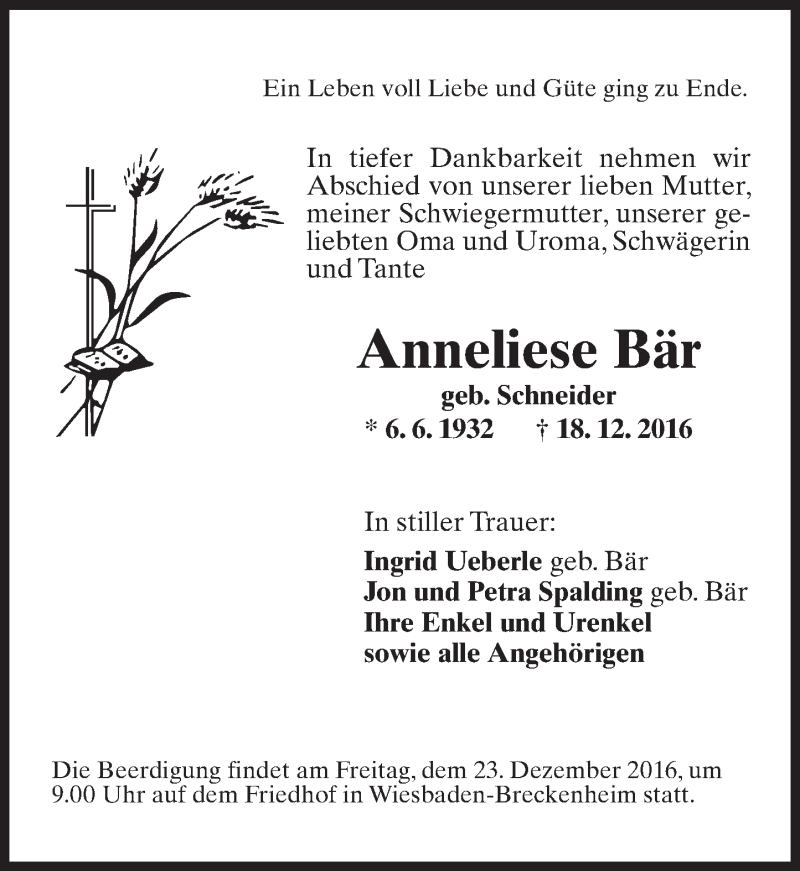  Traueranzeige für Anneliese Bär vom 21.12.2016 aus Trauerportal Rhein Main Presse