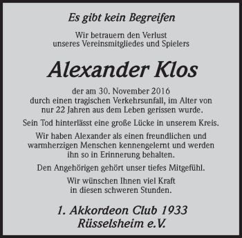 Traueranzeige von Alexander Klos von Trauerportal Rhein Main Presse