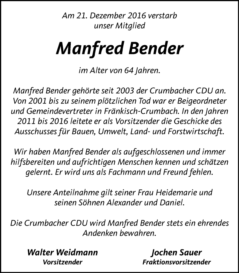  Traueranzeige für Manfred Bender vom 24.12.2016 aus Trauerportal Echo Online