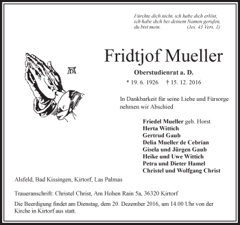 Traueranzeige von Fridtjof Mueller von VRM Trauer