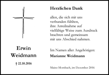 Traueranzeige von Erwin Weidmann von Trauerportal Rhein Main Presse