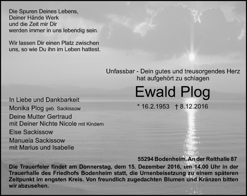  Traueranzeige für Ewald Plog vom 13.12.2016 aus Trauerportal Rhein Main Presse