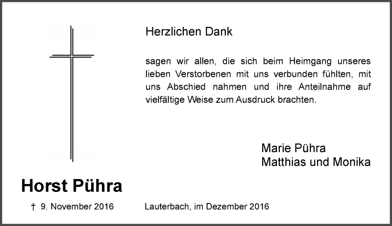  Traueranzeige für Horst Pühra vom 10.12.2016 aus VRM Trauer